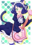  1girl animal_ears bell blue_hair cat_ears cat_tail curly_hair cyan_(show_by_rock!!) guitar instrument open_mouth shishio_(artist) show_by_rock!! tail 