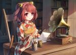 1girl apron bell book bookshelf chair cup desk glasses glasses_removed hair_bell hair_ornament japanese_clothes kimono long_sleeves motoori_kosuzu open_mouth pen phonograph pink_eyes redhead sitting smile solo teacup touhou two_side_up wide_sleeves xiaoyin_li 