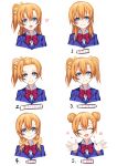  1girl alternate_hairstyle blonde_hair blue_eyes bow closed_eyes double_bun forehead hair_bow hair_bun hair_up hairband head_tilt heart highres kamisa kousaka_honoka light_brown_hair looking_at_viewer love_live!_school_idol_project low_twintails open_mouth side_ponytail smile solo translation_request twintails 