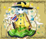  1girl blue_eyes blue_hair bow commentary_request flower frame frilled_sleeves frills hat hat_bow holding komeiji_koishi komowata_(m375375) pleated_skirt shirt simple_background skirt skirt_set smile solo standing star string third_eye touhou water_drop wide_sleeves 