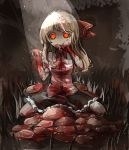  1girl alternate_hair_length alternate_hairstyle berver blonde_hair blood blood_on_face bloody_clothes bloody_hair bloody_hands bow constricted_pupils creepy food glowing glowing_eyes hair_bow hand_to_own_mouth long_hair looking_at_viewer meat orange_eyes orange_sclera rumia short_sleeves sitting sketch skirt spotlight staring touhou 