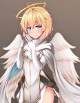  1girl ahoge angel_wings big_wednesday blonde_hair blue_eyes blush brown_background cape halo hands_together highres niel_(sennen_sensou_aigis) sennen_sensou_aigis short_hair tabard very_short_hair wings 