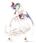  1girl ascot bat_wings blue_hair fangs gloves gorilla_(bun0615) hat hat_ribbon highres mob_cap open_mouth puffy_sleeves red_eyes remilia_scarlet ribbon sash solo sunglasses sunglasses_on_head touhou white_gloves wings 