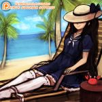  1girl beach beach_chair black_hair borrowed_character crab hat hat_over_eyes kantai_collection long_hair lumineko original palm_tree panties panties_around_one_leg sleeping smile solo thigh-highs tree underwear uss_iowa_(bb-61) white_legwear 