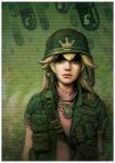  1girl amulet bags_under_eyes ben_newman bomb border bullet_bill character_name dress earrings expressionless flak_jacket hair_between_eyes helmet jewelry lips nose pink_dress princess_peach solo super_mario_bros. upper_body war 