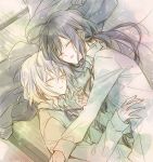  2boys black_hair closed_eyes honebami_toushirou lying male_focus multiple_boys namazuo_toushirou noeru_(putty) on_side ponytail sleeping touken_ranbu white_hair 