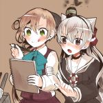  2girls akigumo_(kantai_collection) amatsukaze_(kantai_collection) brown_eyes brown_hair green_eyes hairband itomugi-kun kantai_collection long_hair multiple_girls pencil ponytail rensouhou-kun school_uniform serafuku silver_hair sketchbook smile tongue two_side_up uniform 