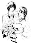  1boy 1girl ansatsu_kyoushitsu bare_shoulders bouquet bridal_veil couple dress elbow_gloves flower formal gloves good_end hetero highres koro-sensei monochrome ninebirds short_hair smile spoilers suit veil wedding_dress yukimura_aguri 