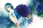  1girl blue_eyes blue_hair chiruru96 commentary_request dutch_angle flower from_behind full_body geta heterochromia karakasa_obake long_sleeves looking_at_viewer looking_back puddle puffy_sleeves rain red_eyes shirt single_shoe sitting skirt solo tatara_kogasa tongue tongue_out touhou umbrella vest wet wet_clothes 