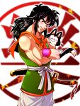  :d black_hair blurry cat crossed_arms depth_of_field dougi dragon_ball leaf leaf_background long_hair neckerchief ochanoko_(get9-sac) open_mouth outline puar smile sword weapon wristband yamcha 