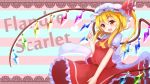  1girl amber_eyes ascot blonde_hair character_name fang flandre_scarlet hat hat_ribbon highres looking_at_viewer mob_cap open_mouth puffy_short_sleeves puffy_sleeves ribbon shirt short_sleeves side_ponytail skirt skirt_set smile solo striped striped_background touhou vest wings ymd_(holudoun) 