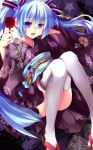  1girl absurdres blue_eyes blue_hair candy_apple hatsune_miku highres japanese_clothes kimono kmu_(fox_also_maple) long_hair looking_at_viewer open_mouth sitting solo thigh-highs twintails very_long_hair vocaloid 