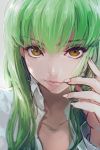  1girl c.c. code_geass collarbone creayus green_hair lips long_hair looking_at_viewer parted_lips portrait shirt smile solo white_shirt yellow_eyes 