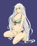  1girl alternate_costume alternate_hairstyle bare_legs bare_shoulders bikini blue_background breasts cleavage flat_gaze frilled_bikini frills green_bikini hair_down kantai_collection long_hair looking_at_viewer midriff navel sachilko_(motiko) side-tie_bikini silver_hair simple_background sitting solo swimsuit twitter_username unryuu_(kantai_collection) very_long_hair yellow_eyes 