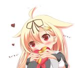  1girl ahoge blonde_hair blush chocolate chocolate_heart hair_ribbon heart kantai_collection kizami_(welius) red_eyes ribbon school_uniform serafuku valentine yuudachi_(kantai_collection) 