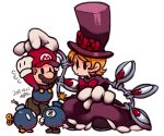  1boy 1girl artist_name bob-omb bomb brown_hair crossover dated dress facial_hair george_the_bomb ghost-pepper gloves hat head_grab mario super_mario_bros. mechanical_arms mustache paper_mario peacock_(skullgirls) short_hair simple_background skullgirls super_mario_bros. top_hat trait_connection white_background white_gloves 