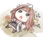  1girl ahoge brown_hair chibi detached_sleeves double_bun drooling hairband kantai_collection kongou_(kantai_collection) long_hair long_sleeves lowres lying minono_aki on_back open_mouth remodel_(kantai_collection) skirt solid_circle_eyes solo triangle_mouth 