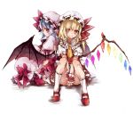  2girls ascot asymmetrical_hair bat_wings blonde_hair blue_hair crystal flandre_scarlet frills hat hat_ribbon kneehighs long_skirt looking_at_viewer mary_janes mob_cap multiple_girls profile puffy_sleeves red_eyes remilia_scarlet ribbon shirt shoes short_hair short_sleeves siblings side_ponytail simple_background sisters sitting skirt skirt_set smile touhou toutenkou upskirt vest white_background white_legwear wings wrist_cuffs 