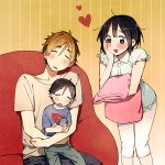  1girl 2boys black_hair blue_eyes brown_hair child closed_eyes couch couple family hetero kitashirakawa_tamako momose_(oqo) multiple_boys ooji_mochizou short_hair sleeping tamako_market 