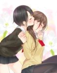  2girls ama_mitsuki black_hair blush bow brown_hair closed_eyes ear_licking hand_grab licking long_hair long_sleeves multiple_girls original pantyhose school_uniform short_hair skirt yuri 