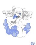 +_+ 1girl bangs blue dress jellyfish looking_at_viewer monochrome monster_girl multiple_monochrome muxiyou one_eye_closed oounabara_to_wadanohara pulmo simple_background smile solo swept_bangs symbol-shaped_pupils two_side_up white white_background white_dress white_hair 