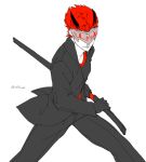  1boy adam_taurus battoujutsu_stance black_gloves black_jacket black_pants fighting_stance gloves horns jacket katana mask pants partially_colored redhead rwby sheath signal_m signature solo sword unsheathing weapon white_background 