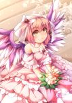  1girl bare_shoulders bird_wings bouquet bridal_veil bride brown_eyes commentary_request dress flower frilled_dress frills fun_bo jewelry mystia_lorelei necklace pink_dress redhead smile solo touhou veil wedding_dress wings 