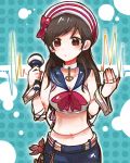  1girl anchor_symbol breasts brown_eyes brown_hair crop_top hat idolmaster idolmaster_cinderella_girls itomugi-kun long_hair microphone midriff nitta_minami solo 