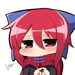  1girl blush bow cape chibi commentary_request fingers_together hair_bow looking_at_viewer red_eyes redhead sekibanki shirt solo tears touhou twumi upper_body 