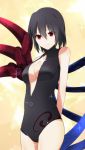 1girl aono_meri arms_behind_back asymmetrical_wings black_hair cleavage_cutout highres houjuu_nue looking_at_viewer one-piece_swimsuit red_eyes short_hair smile solo sparkle swimsuit touhou wings yellow_background 