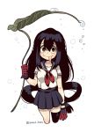  1girl alternate_costume alternate_eye_color asui_tsuyu black_hair black_legwear boku_no_hero_academia gloves green_eyes haru_(oneul) holding holding_umbrella leaf leaf_umbrella long_hair school_uniform serafuku single_thighhigh skirt solo thigh-highs twitter_username zettai_ryouiki 