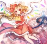  1girl arm_up ascot asymmetrical_hair blurry blush crystal flandre_scarlet hat hat_ribbon highres laevatein looking_at_viewer mary_janes mob_cap negimapurinn puffy_sleeves red_eyes ribbon shirt shoes short_sleeves side_ponytail skirt skirt_set smile socks solo touhou vest white_legwear wings 
