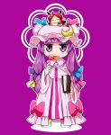  2girls book byourou candy chibi crescent_hair_ornament demon_wings hair_ornament hat head_wings koakuma licking lollipop multiple_girls patchouli_knowledge purple_background purple_hair redhead touhou violet_eyes wings 