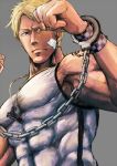  1boy abs bandaid blonde_hair blue_eyes checkered clenched_hands cody_travers cuffs facial_hair fighting_stance final_fight goroumaru_(galaxy2-3-6) handcuffs male_focus muscle nose solo street_fighter street_fighter_iv stubble super_street_fighter_iv tank_top wristband 