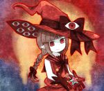  1girl blood bow bowtie braid brown_hair eyes full_moon gloves hat hat_bow moon muxiyou oounabara_to_wadanohara pale_skin pointy_ears red red_eyes sleeveless smile solo spoilers star twin_braids twintails wadanohara witch_hat 