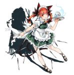  1girl alternate_color animal_ears apron bow braid cat_ears cat_tail dress extra_ears frills full_body green_dress hair_bow hair_ornament izayoi_sakuya izayoi_sakuya_(cosplay) kaenbyou_rin knife maid maid_headdress mary_janes multiple_tails one_eye_closed pocket_watch pointy_ears puffy_sleeves red_eyes redhead ribbon shadow shoes short_sleeves simple_background skull tail touhou toutenkou tray twin_braids waist_apron watch white_background wrist_cuffs 