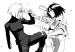  2girls battle blocking bob_cut bodysuit cropped_jacket cyborg daniel_macgregor erika_(gunnm) gally greyscale grin gunnm gunnm_last_order monochrome multiple_girls parted_lips short_hair smile 