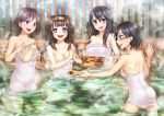  4girls :d ahoge black_hair blush breasts brown_eyes brown_hair cleavage cup double_bun food glasses hairband haruna_(kantai_collection) hiei_(kantai_collection) kantai_collection kirishima_(kantai_collection) kongou_(kantai_collection) long_hair looking_at_viewer makina_(frog) multiple_girls naked_towel onsen open_mouth partially_submerged plate pouring short_hair smile sparkling_eyes steam teacup teapot towel tray violet_eyes water 