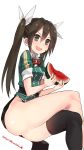  &gt;:d 1girl 2015 :d ass black_legwear blush bowtie brown_eyes brown_hair crossed_legs dated eating food food_on_face fruit hair_ribbon highres holding kantai_collection kuro_chairo_no_neko long_hair open_mouth paw_print pelvic_curtain remodel_(kantai_collection) ribbon seed short_sleeves side_slit simple_background single_thighhigh sitting skirt smile solo thigh-highs tone_(kantai_collection) twintails twitter_username watermelon white_background 