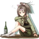  1girl ankle_socks blush brown_eyes brown_hair drunk hachimaki hakama_pants headband high_ponytail japanese_clothes kantai_collection looking_at_viewer muneate no_shoes rabochicken remodel_(kantai_collection) simple_background sitting slo smile white_background white_legwear zuihou_(kantai_collection) 