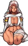  1girl breasts brown_hair cleavage closed_eyes dark_skin dark_souls detached_sleeves huge_breasts long_hair queen_of_sunlight_gwynevere scathegrapes seiza sitting smile solo souls_(from_software) thick_thighs thighs veil 