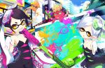  2girls aori_(splatoon) black_hair detached_collar gloves green_legwear hotaru_(splatoon) ichiyan long_hair mask mole mole_under_eye multiple_girls pantyhose pointy_ears short_hair siblings silver_hair sisters splatoon tentacle_hair yellow_eyes 