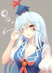  1girl absurdres bespectacled blue-framed_glasses blue_hair blush breasts cleavage dress glasses grey_background hat highres jebura kamishirasawa_keine long_hair open_mouth puffy_sleeves red_eyes short_sleeves simple_background sleepy solo text touhou upper_body 