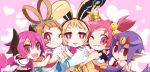  5girls :o angel_wings animal_ears arms_up bandeau bare_shoulders bow bracelet bright_pupils choker demon_girl demon_tail desco_(disgaea) detached_sleeves disgaea disgaea_d2 earmuffs earrings eyebrows fang girl_sandwich grin hair_between_eyes hair_bobbles hair_ornament hanako_(disgaea) hand_on_shoulder heart horns hug jewelry long_sleeves makai_senki_disgaea_2 makai_senki_disgaea_3 makai_senki_disgaea_4 makai_senki_disgaea_5 multiple_girls one_eye_closed oni_horns open_mouth pointy_ears purple_hair rabbit_ears raspberyl red_eyes sandwiched short_hair sicily_(disgaea) sleeveless slit_pupils smile tail thick_eyebrows third_eye upper_body usalia_(disgaea) wings wrist_cuffs 