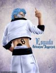  1boy arrancar belt bleach blue_eyes blue_hair espada grimmjow grimmjow_jaegerjaquez grimmjow_jaggerjack hole jacket jaw male middle_finger skull solo 