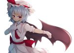  1girl ascot bat_wings beni_shake dress gloves hat hat_ribbon looking_at_viewer mob_cap open_mouth outstretched_arm puffy_short_sleeves puffy_sleeves red_eyes remilia_scarlet ribbon sash short_sleeves smile solo touhou white_dress white_gloves wings 