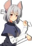  1girl animal_ears aono_meri capelet dowsing_rod grey_hair highres long_sleeves looking_at_viewer mouse_ears nazrin red_eyes shirt short_hair simple_background smile solo touhou upper_body vest white_background 