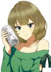 1girl asahi_(beer) bare_shoulders beer_can blue_eyes brand_name_imitation brown_hair green_eyes heterochromia idolmaster idolmaster_cinderella_girls keikesu mole mole_under_eye short_hair smile solo takagaki_kaede