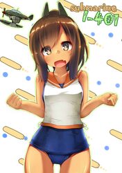  1girl airplane brown_eyes brown_hair fang highres i-401_(kantai_collection) kantai_collection ponytail sailor_collar school_swimsuit short_hair swimsuit tan unomi 