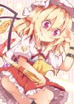  1girl ascot ass blonde_hair dress flandre_scarlet kan_lee licking_lips mob_cap puffy_short_sleeves puffy_sleeves red_dress red_eyes short_sleeves smile solo star tongue tongue_out touhou upskirt wings 